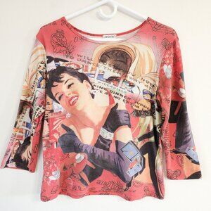 DB Sport Blouse Top 3/4Sleeve Allover Print Shirt Sz M Pin Up Pop Art Y2K Retro